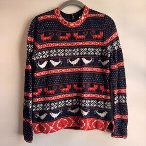 J. Crew Factory Navy and Orange with Cats and Birds Sweater